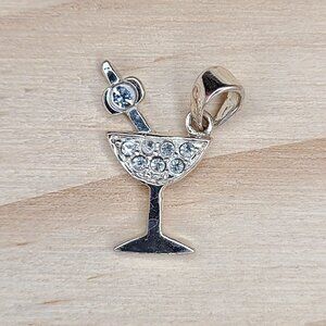 Sterling Silver Martini Glass Charm Pendant With Clear Rhinestones